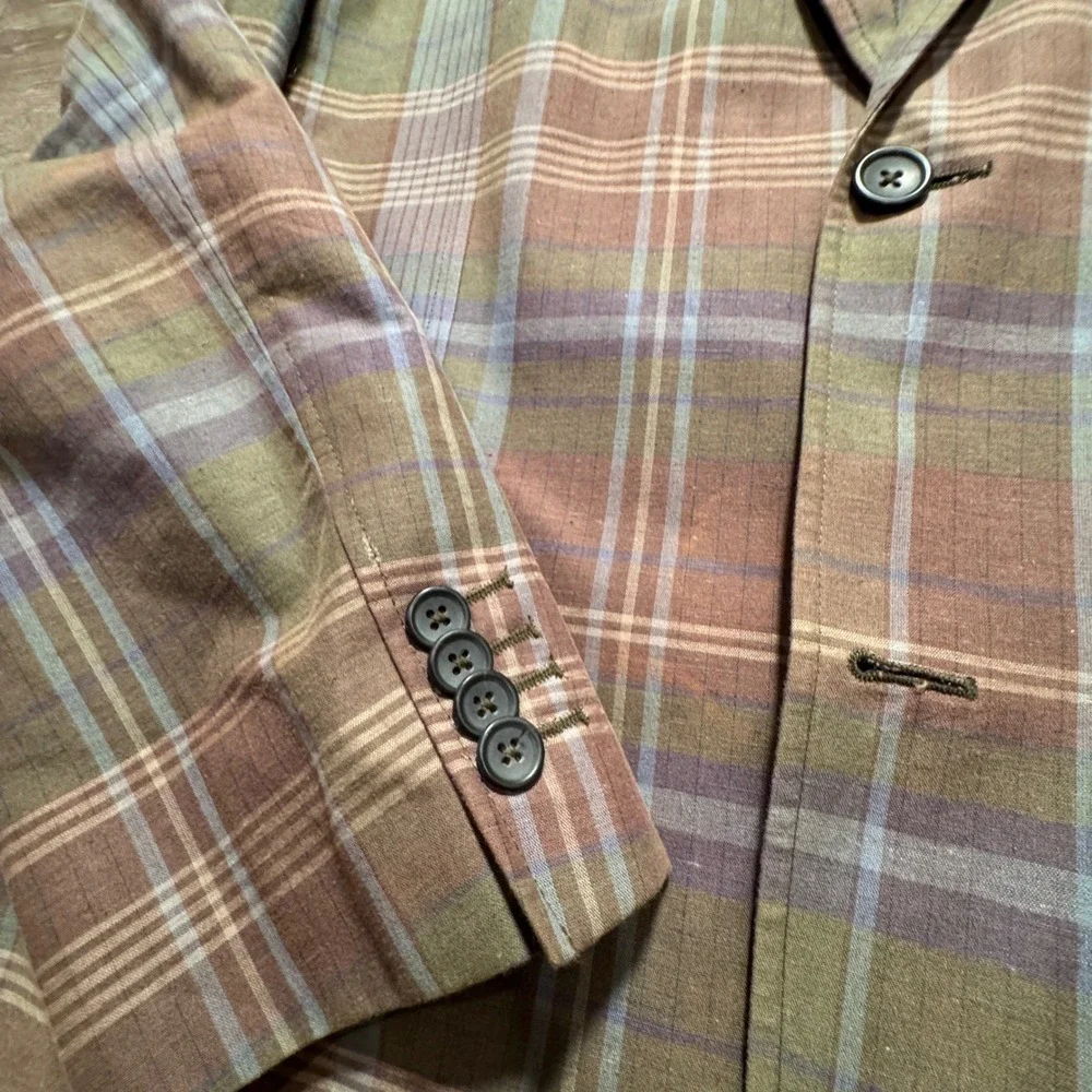 Banana Republic Sport Coat Men 42L Brown Plaid Cotton Linen Unconstructed Blazer